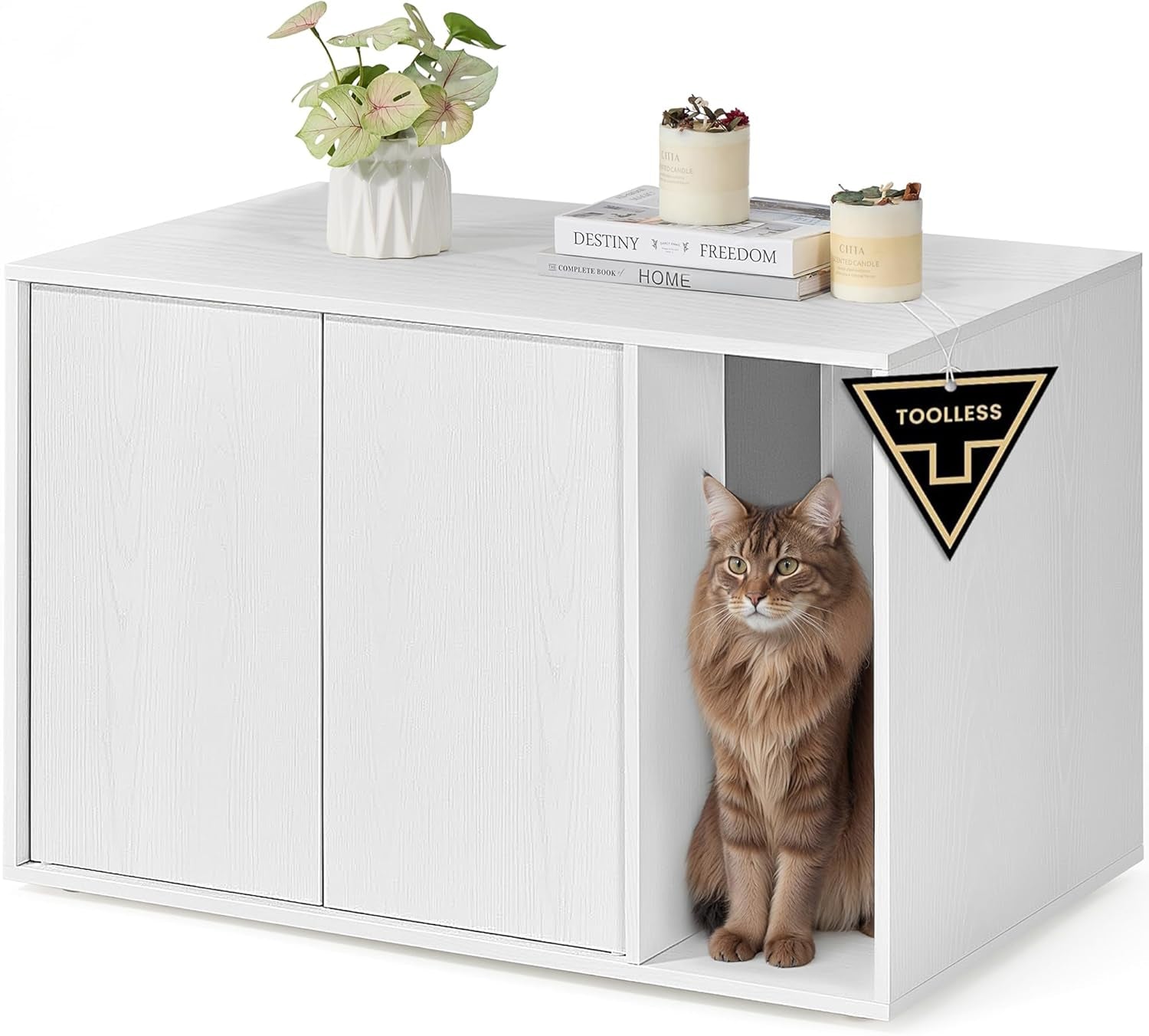 Cat Litter Box Enclosure, Superfast Toolless Assembly, Litter Box Furniture for Large Cats, Display Side Table, Push-To-Open Doors, Minimalist Modern, Snow White UPCL013W01