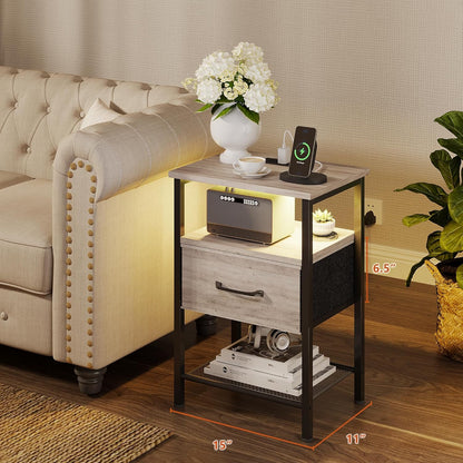 Night Stand Set 2, End Table with Charging Station, LED Bedside Table with Fabric Drawer for Bedroom, 3-Tier Side Table with Open Shelf, Greige