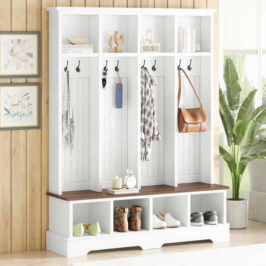 Farmhouse Hall Tree with 8 Hooks,Entryway Cabinet W/Bench,Multi-Functional Coat Rack W/4 Storage Unit and 4 Shoe Cabinet,Entryway Cabinets for Hallway,Living Room,Mudroom,White