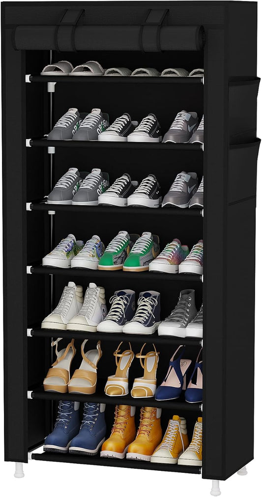 7 Tier Shoe Rack Organizer,Portable Shoe Shelf with Nonwoven Fabric Cover for Closet Hallway,Bedroom,Entryway,Black