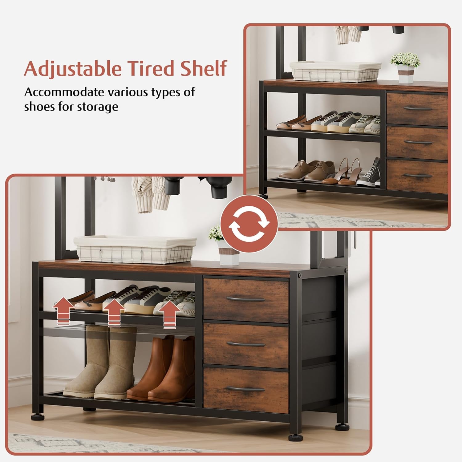 Hall Tree with Bench and Shoe Storage, 31.5" Coat Rack Freestanding with 2-Tier Storage Shelf, 6-In-1 Entryway Bench Coat Rack with 12 Hooks and 3 Drawers(Rustic Brown)