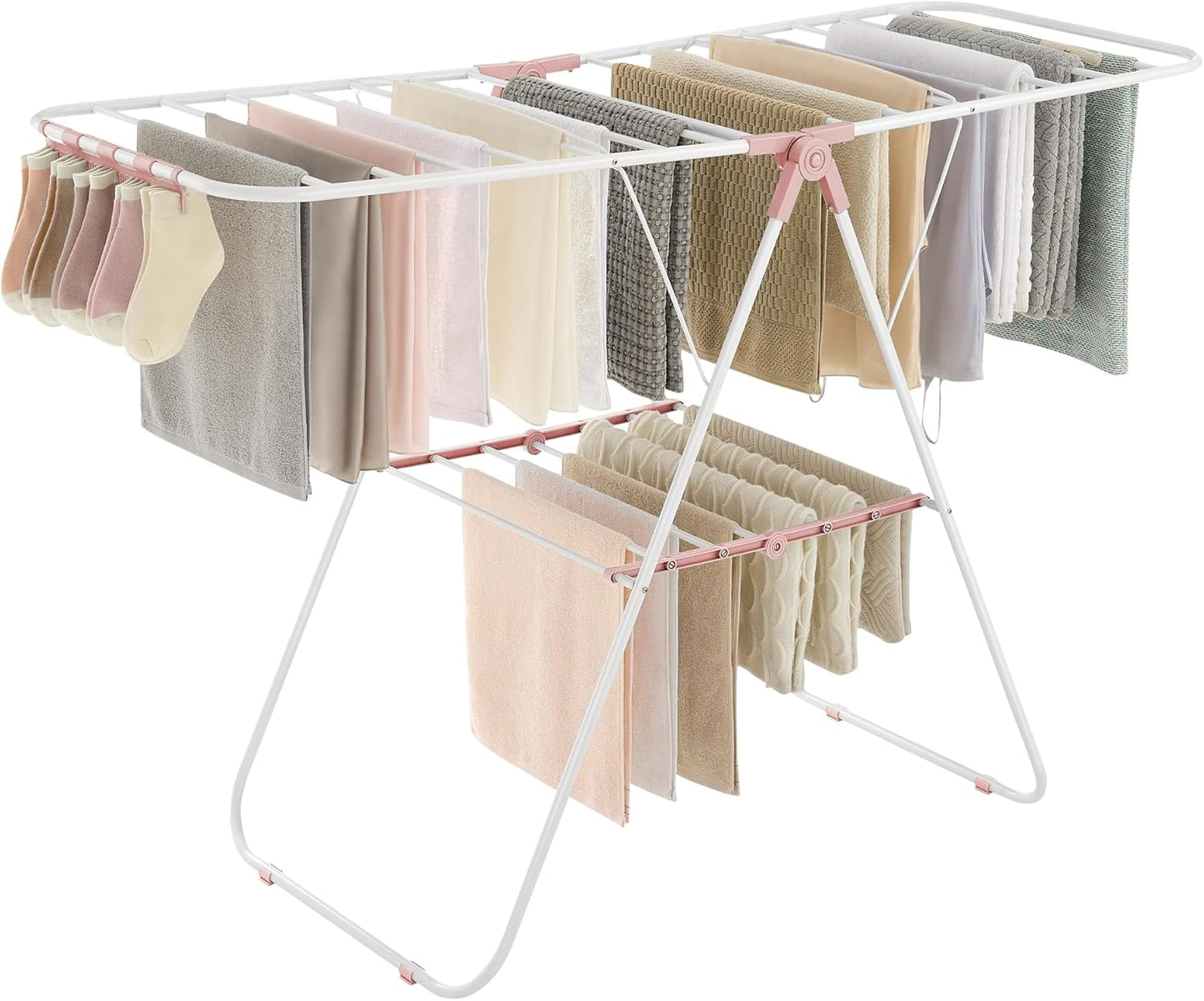 Clothes Drying Rack, with Sock Clips, Metal Laundry Rack, Foldable, Space-Saving, Free-Standing Airer, with 2 Height-Adjustable Gullwings, Indoor Outdoor Use, Silver and Blue ULLR52BU