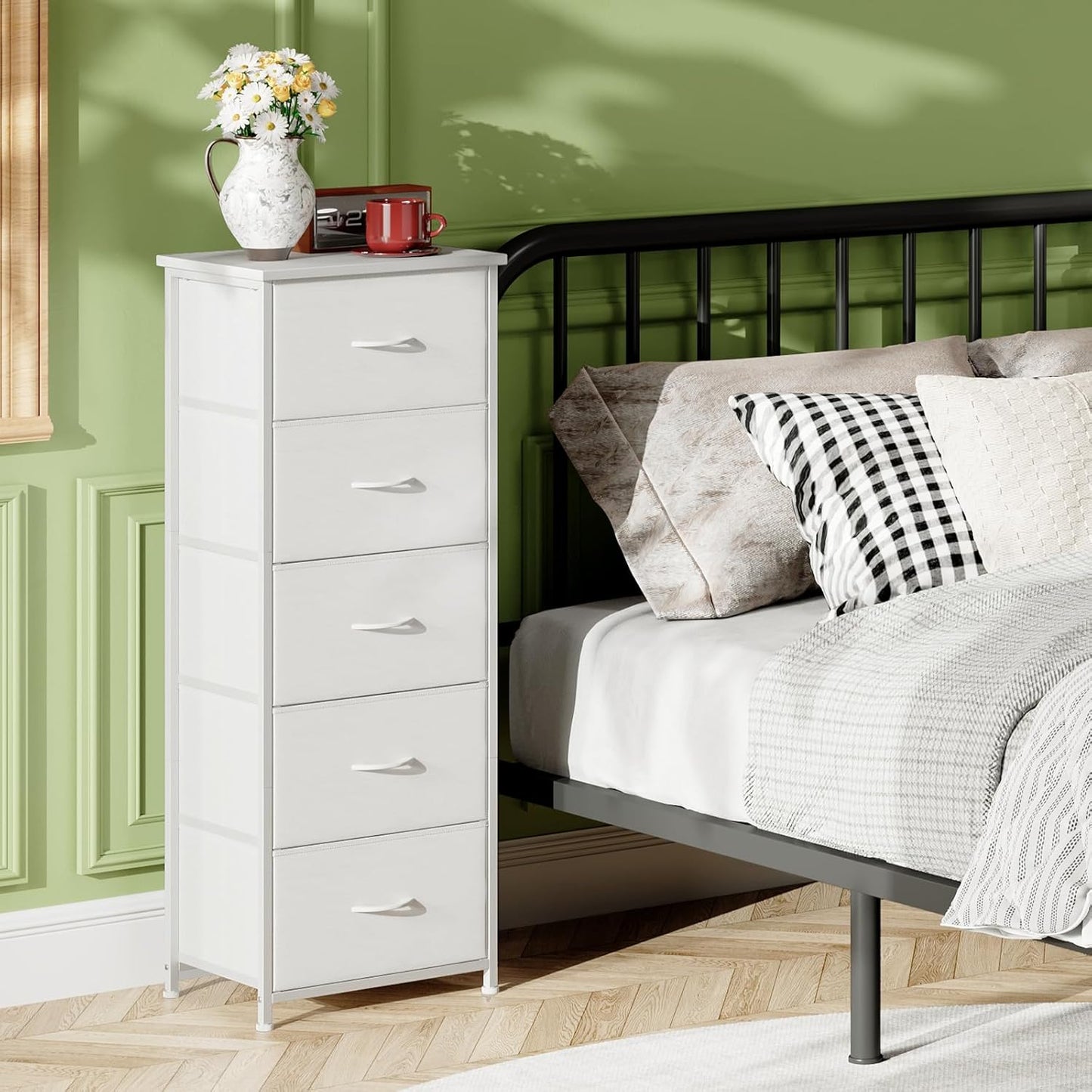 Tall Dresser for Bedroom with 5 Drawers, Storage Organizer Chest of Drawers with Removable Fabric Bins for Closet Bedside Nursery Laundry Living Room Entryway Hallway, White Leather
