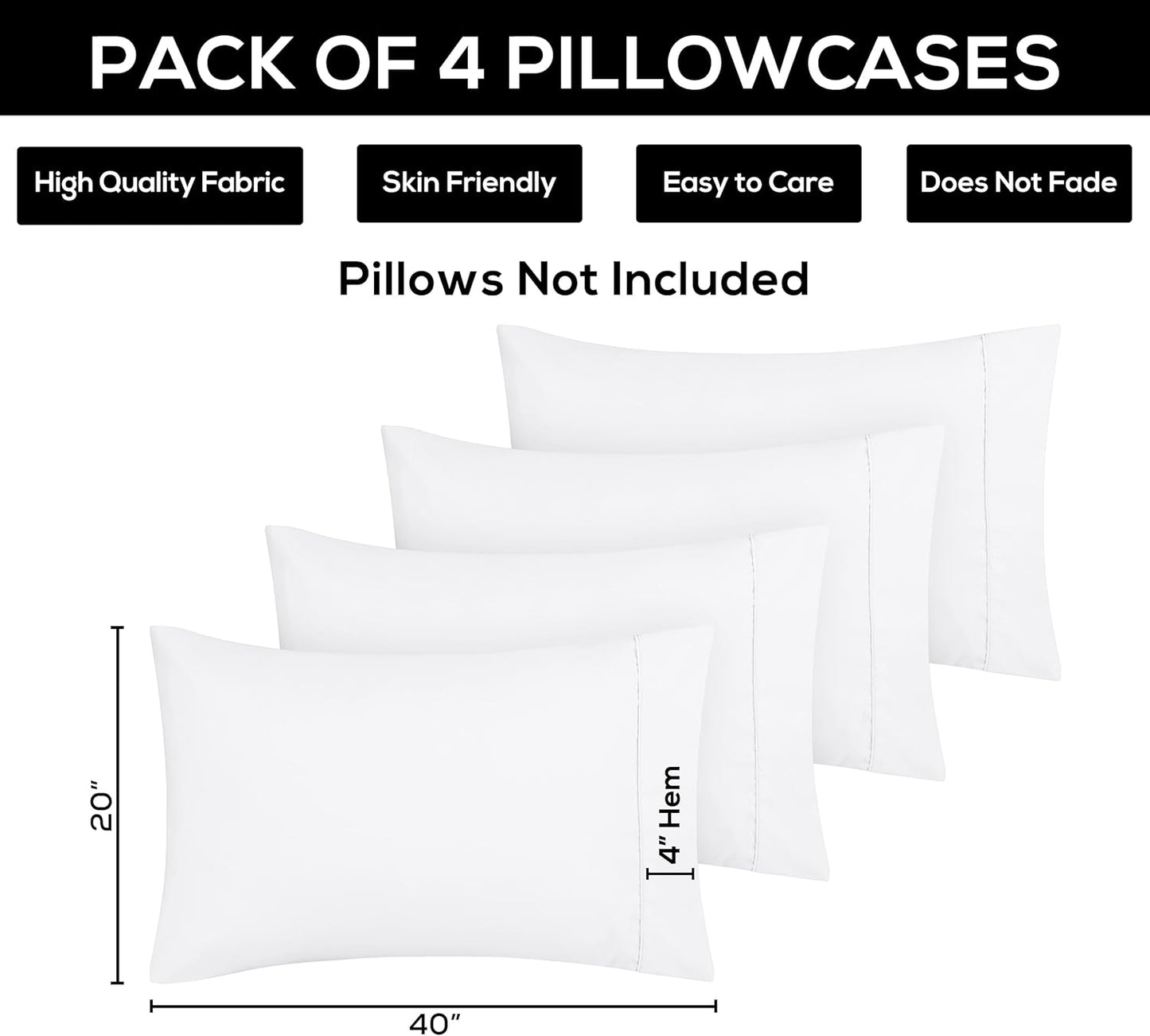 King Pillow Cases - 4 Pack - Envelope Closure - Soft Brushed Microfiber Fabric - Shrinkage and Fade Resistant Pillow Covers King Size 20 X 40 Inches (King, White)