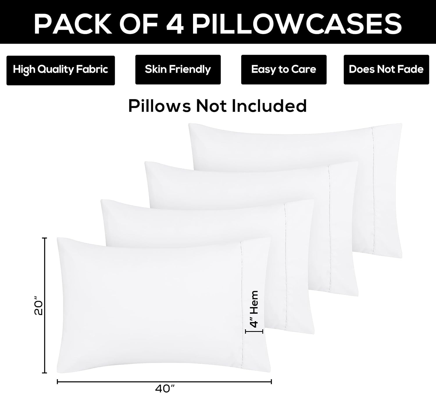 King Pillow Cases - 4 Pack - Envelope Closure - Soft Brushed Microfiber Fabric - Shrinkage and Fade Resistant Pillow Covers King Size 20 X 40 Inches (King, White)