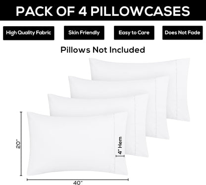 King Pillow Cases - 4 Pack - Envelope Closure - Soft Brushed Microfiber Fabric - Shrinkage and Fade Resistant Pillow Covers King Size 20 X 40 Inches (King, White)