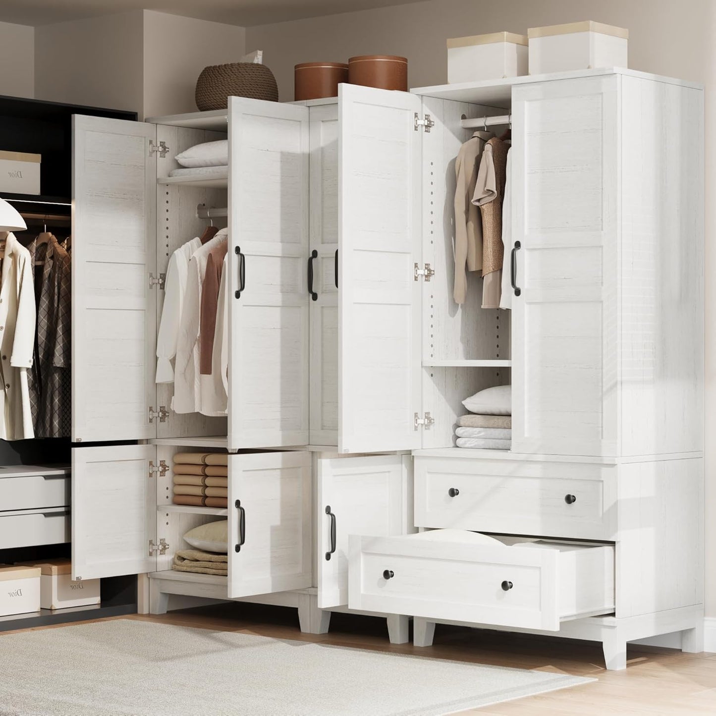 Armoire Wardrobe Closet with 4 Doors,72" Wooden Wardrobe Cabinet with Hanging Rod, Freestanding Tall Clothing Armoire Cabinet with 18 Adjustable Shelves for Bedroom, Clothes, Rustic White