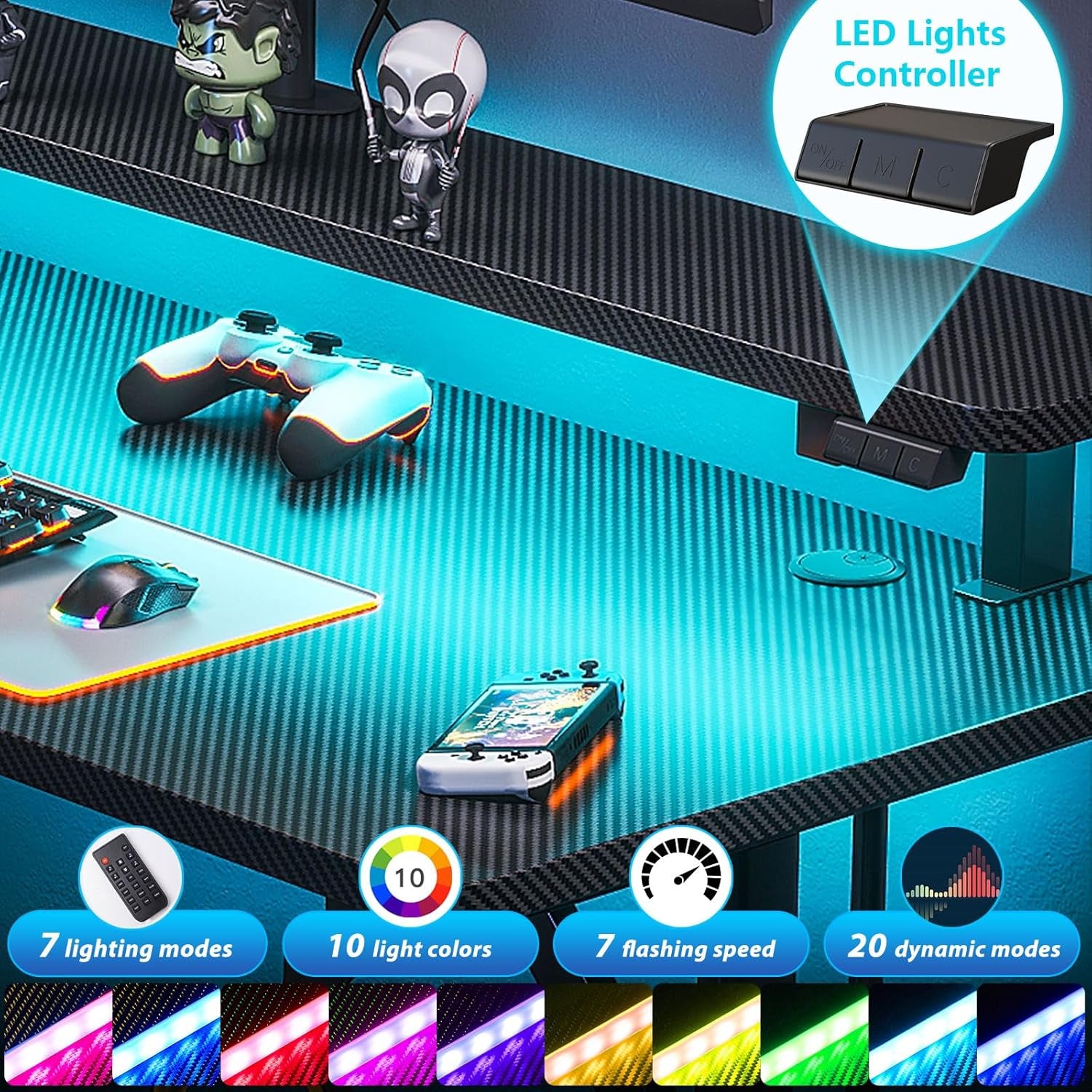 32 Inch Small Gaming Desk with LED Lights, Computer Desk Gaming Table with Monitor Shelf, Gamer Desk with Carbon Fiber Texture, Kids Boys Desk Gift for Men