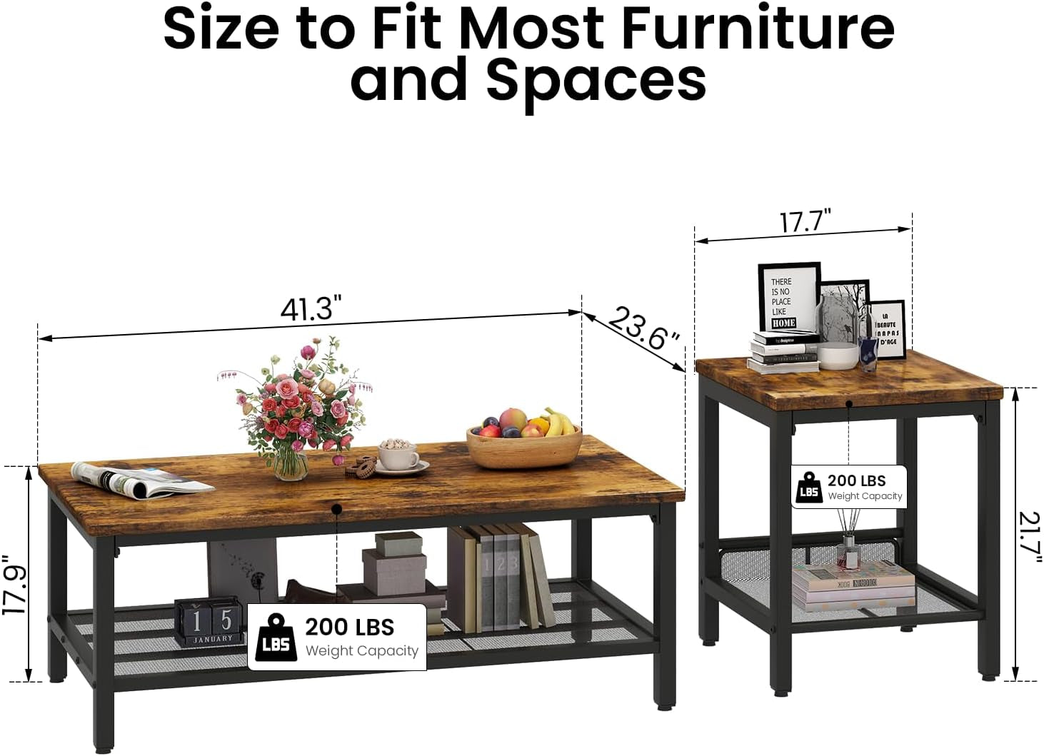 Coffee Table Set of 3, Vintage Wood Coffee Table & 2 End Tables, Square Tabletop Modern Industrial Living Room 3-Piece Set for Apartment Home Office, Rustic Brown