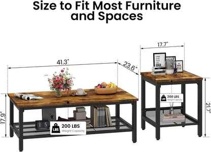 Coffee Table Set of 3, Vintage Wood Coffee Table & 2 End Tables, Square Tabletop Modern Industrial Living Room 3-Piece Set for Apartment Home Office, Rustic Brown