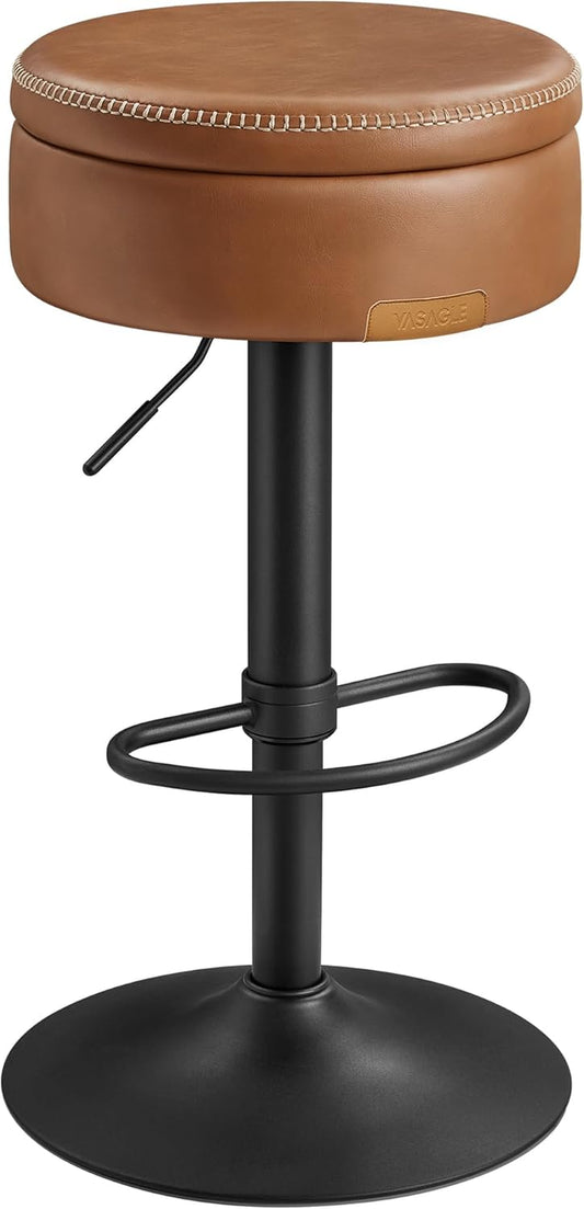 EKHO Collection - 360° Swivel Bar Stool, Height Adjustable Barstool with Storage, Synthetic Leather with Stitching, Mid-Century Modern, Kitchen Bar, Easy Assembly, Caramel Brown