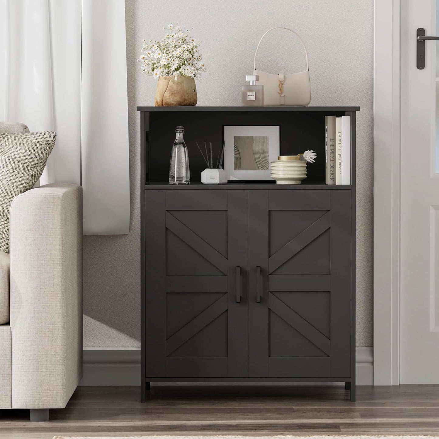Farmhouse Bathroom Storage Cabinet with 2 Doors, Toilet Paper Cabinet with Adjustable Shelves, Small Bathroom Cabinet for Kitchen/Laundry/Living Room, 11.8 X 23.6 X 31.5 Inches, Black