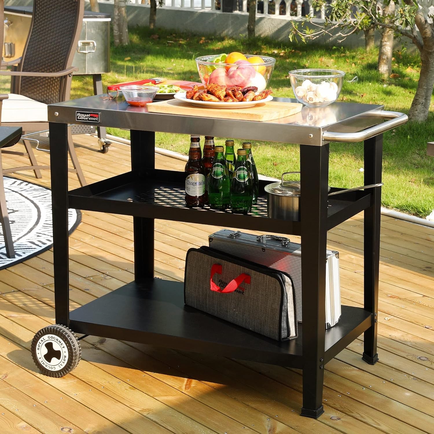 PC3404S Rolling Dining Table with Trash Bag Holder, Outdoor Garden Patio BBQ Kitchen Food Prep Table Cart, 34"L X 20"W Stainless Steel Tabletop, Silver & Black