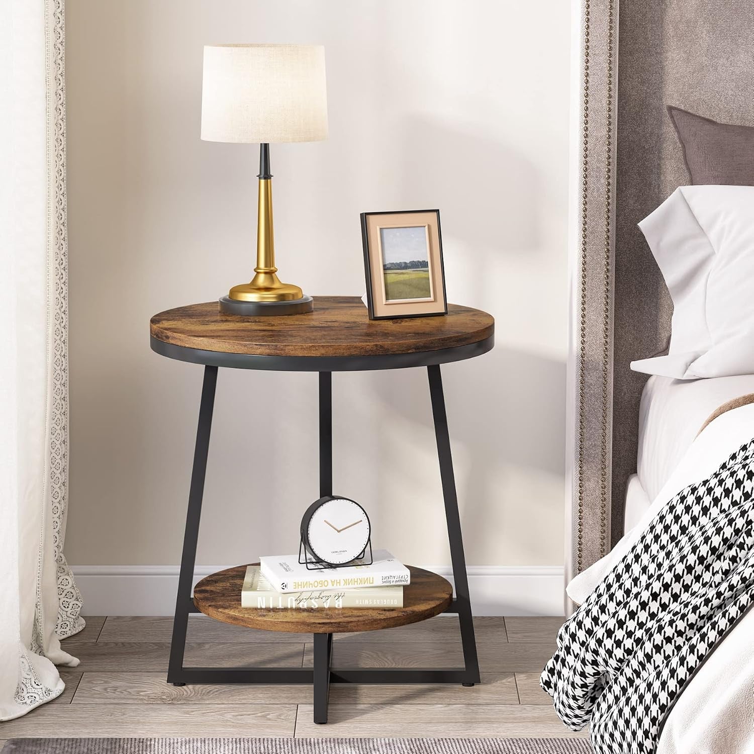 End Table, 2 Tier round Side Table with Storage Shelf, Industrial Nightstand Bedside Table Coffee Accent Table for Living Room Bedroom Small Space, Rustic Brown