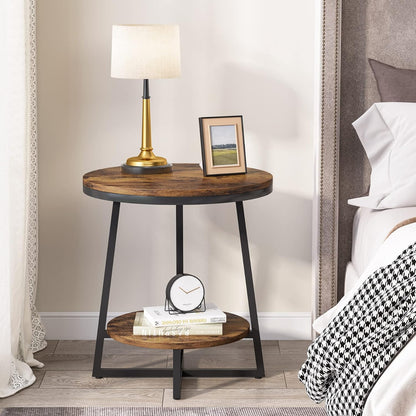 End Table, 2 Tier round Side Table with Storage Shelf, Industrial Nightstand Bedside Table Coffee Accent Table for Living Room Bedroom Small Space, Rustic Brown