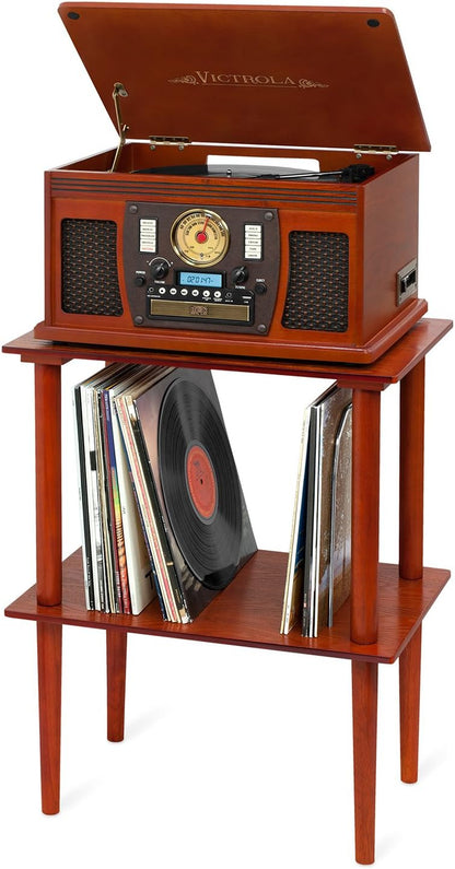 Wooden Record Stand – Companion Piece for  Music Centre, Holds over 50 Vinyl Records, Elegant Real Wood Construction, No-Tool Assembly (Mahogany)