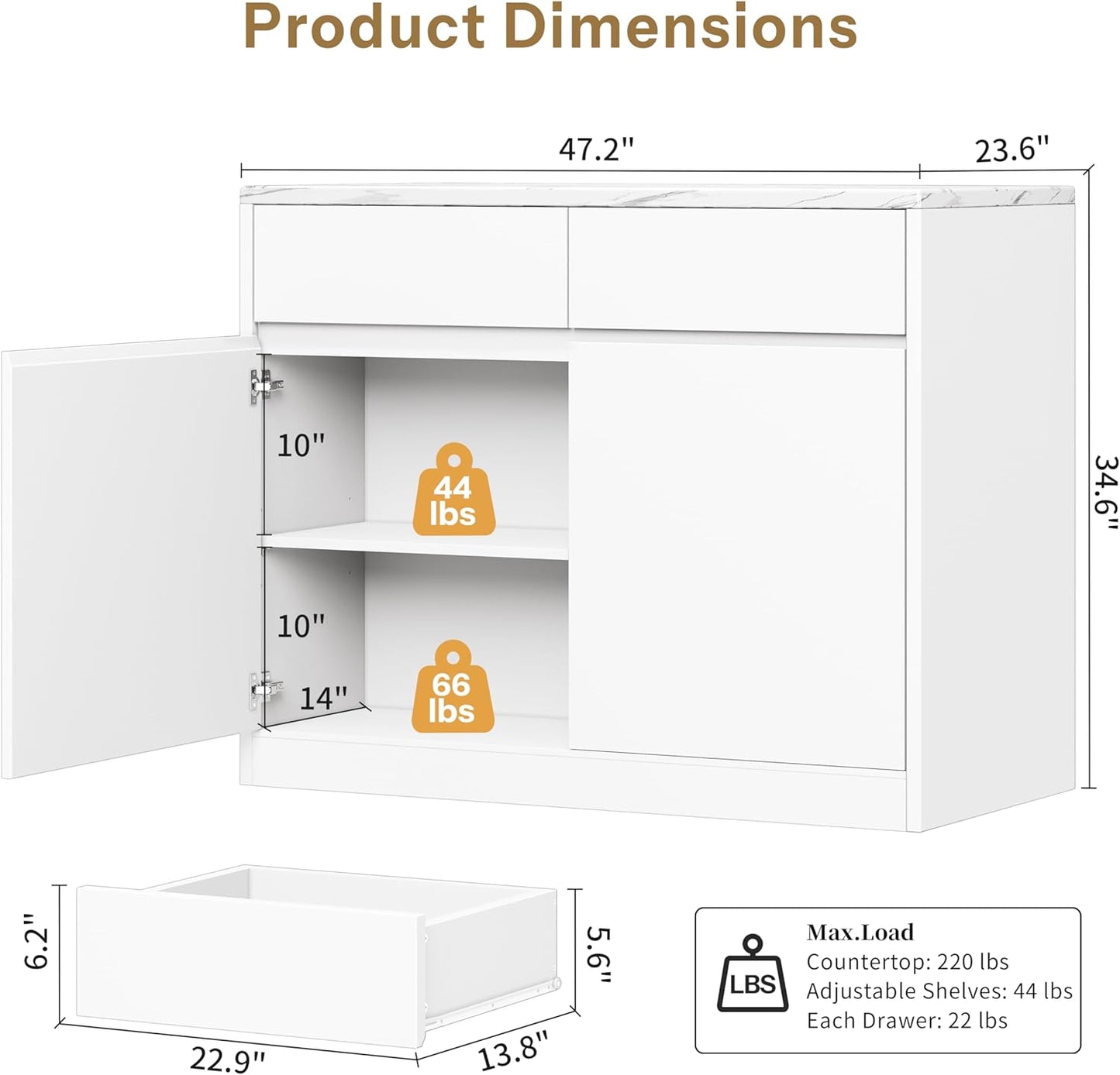 Kitchen Island with Storage, 47.2" Large Faux Marble Countertop Kitchen Island with 2 Drawers and Adjustable Shelves, Coffee Bar Station, Beveled Edge Door Cabinet, Dining Table for 2-4 People, White