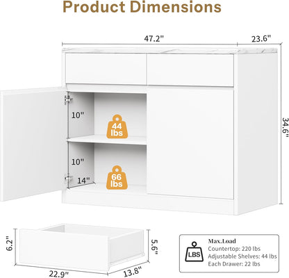 Kitchen Island with Storage, 47.2" Large Faux Marble Countertop Kitchen Island with 2 Drawers and Adjustable Shelves, Coffee Bar Station, Beveled Edge Door Cabinet, Dining Table for 2-4 People, White