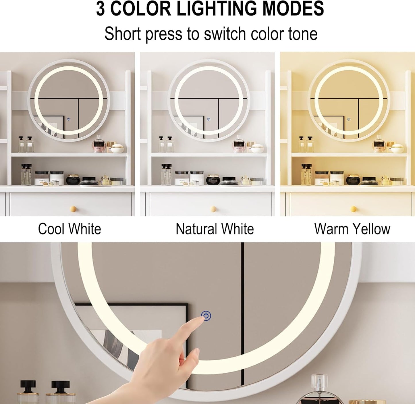 Dressing Table,Makeup Table with Drawers, Vanity Desk with Mirror and Led Lights,3 Lighting Mode,Makeup Vanity Desk,Multifunctional Makeup Writing Desk for Bedroom (80CM)