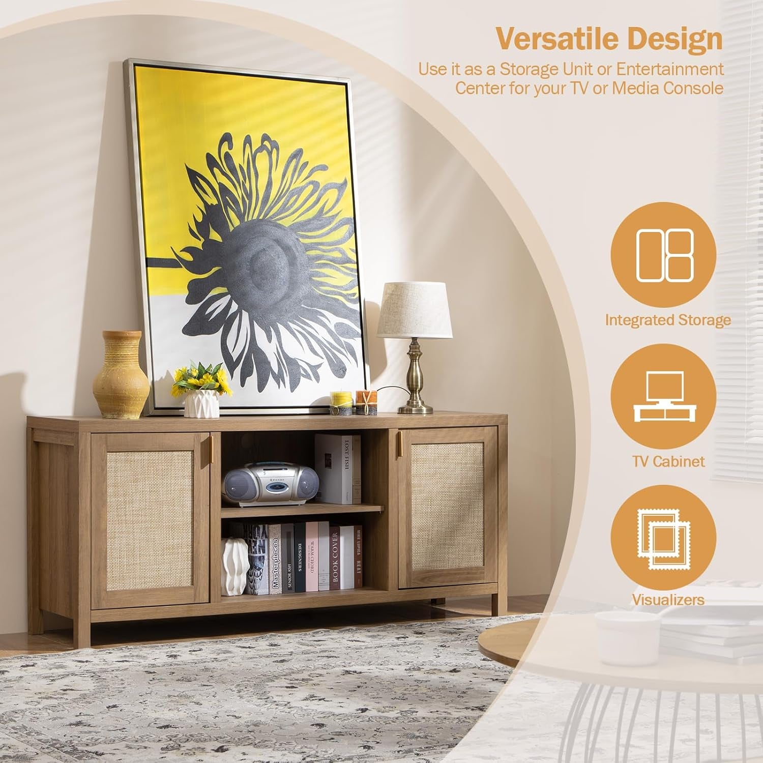 TV Stand for Living Room : Rattan TV Console Cabinet with Storage and Shelf, Boho Entertainment Center, 59" Media Console for 55, 65 Inch TV, 26" Tall Television Stands, Oak