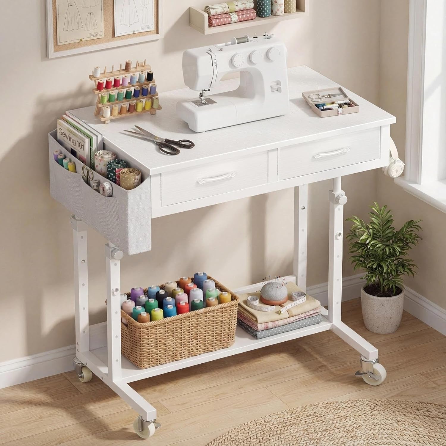 Small White Portable Adjustable Rolling Kids Desk with Drawers & Storage Shelf, 32 Inch Mobile Standing Vanity Desks with Wheels, Couch Sofa Side Laptop Craft Table for Bedroom Home Office