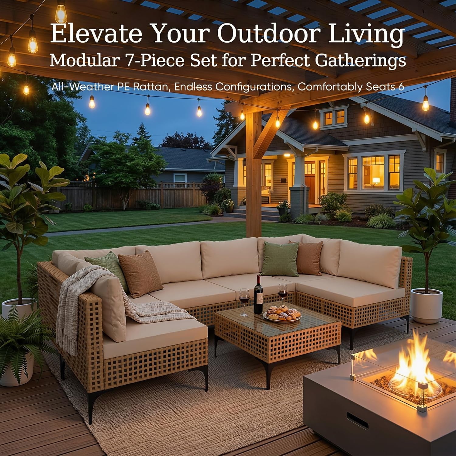 Patio Furniture Set,7 Pieces Outdoor Wicker Sectional Couch with Thick Cushions &Glass Tabletop, PE Rattan Backyard Conversation Sofa with Coffee Table for Deck, Porch