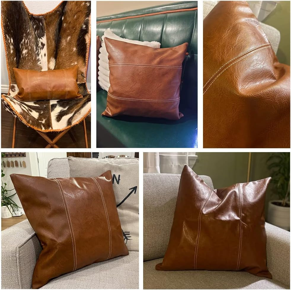 2 Packs Brown Boho Lumbar Faux Leather Decorative Throw Pillow Covers 12X20 Inch for Living Room Couch Bed Sofa, Hand Stitched Rectangle Cushion Case, Rustic Modern Farmhouse Home Decor