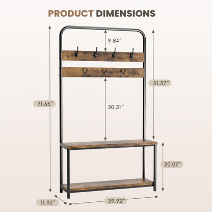 Hall Tree with Shoe Bench & Storage, Industrial Coat Rack Entryway Organizer, 7 Hooks with 10 Hanging Points, Rustic Brown, 39.9"X11.9"X72"