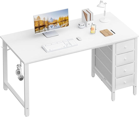 White Computer Desk with Drawers - 55 Inch Long Study Work Writing Desk for Home Office Bedroom, Reversible Simple Modern Cute PC Desks with Fabric Drawer, White