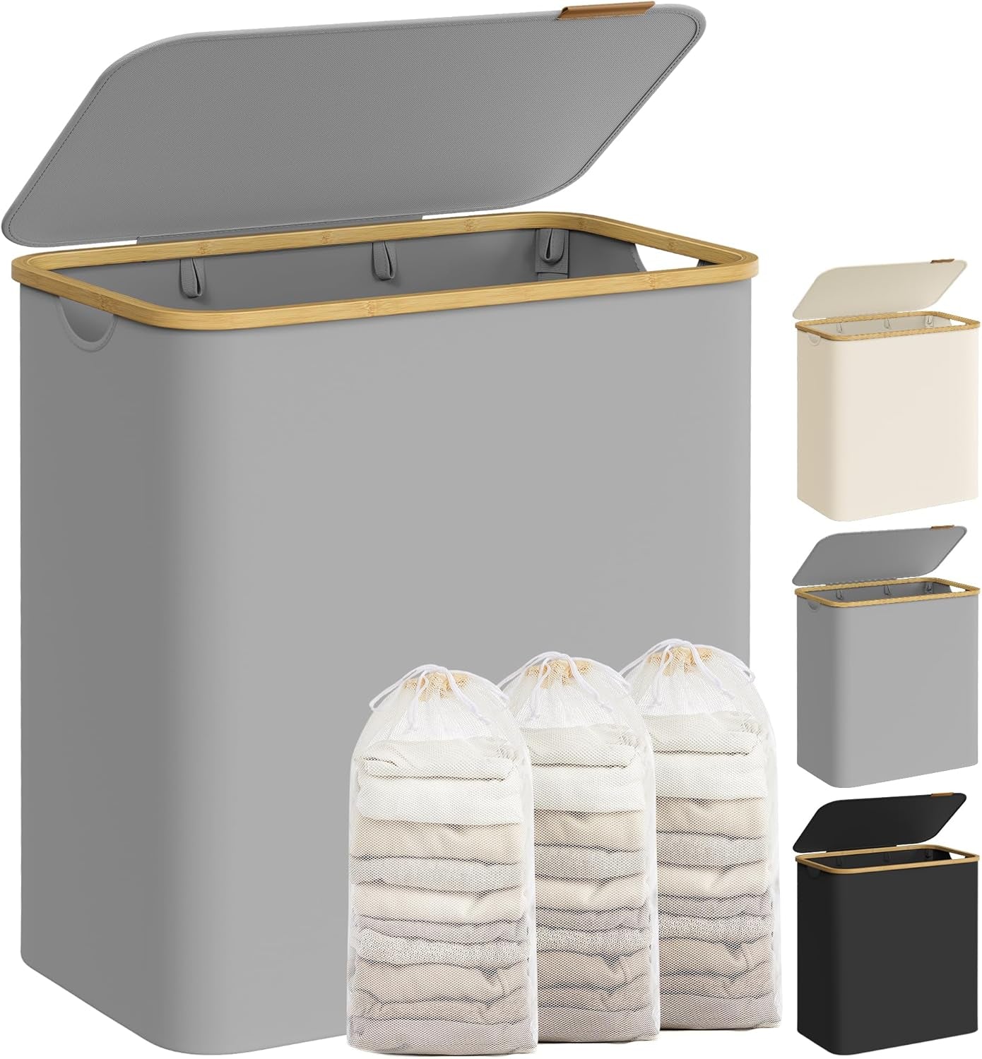 Laundry Hamper with Lid, Large Laundry Basket, 23.8 Gallons (90L), Removable Mesh Liner, Bamboo Handles, Collapsible, 16.5 X 12.6 X 27.8 Inches, Ink Black ULCB509B01