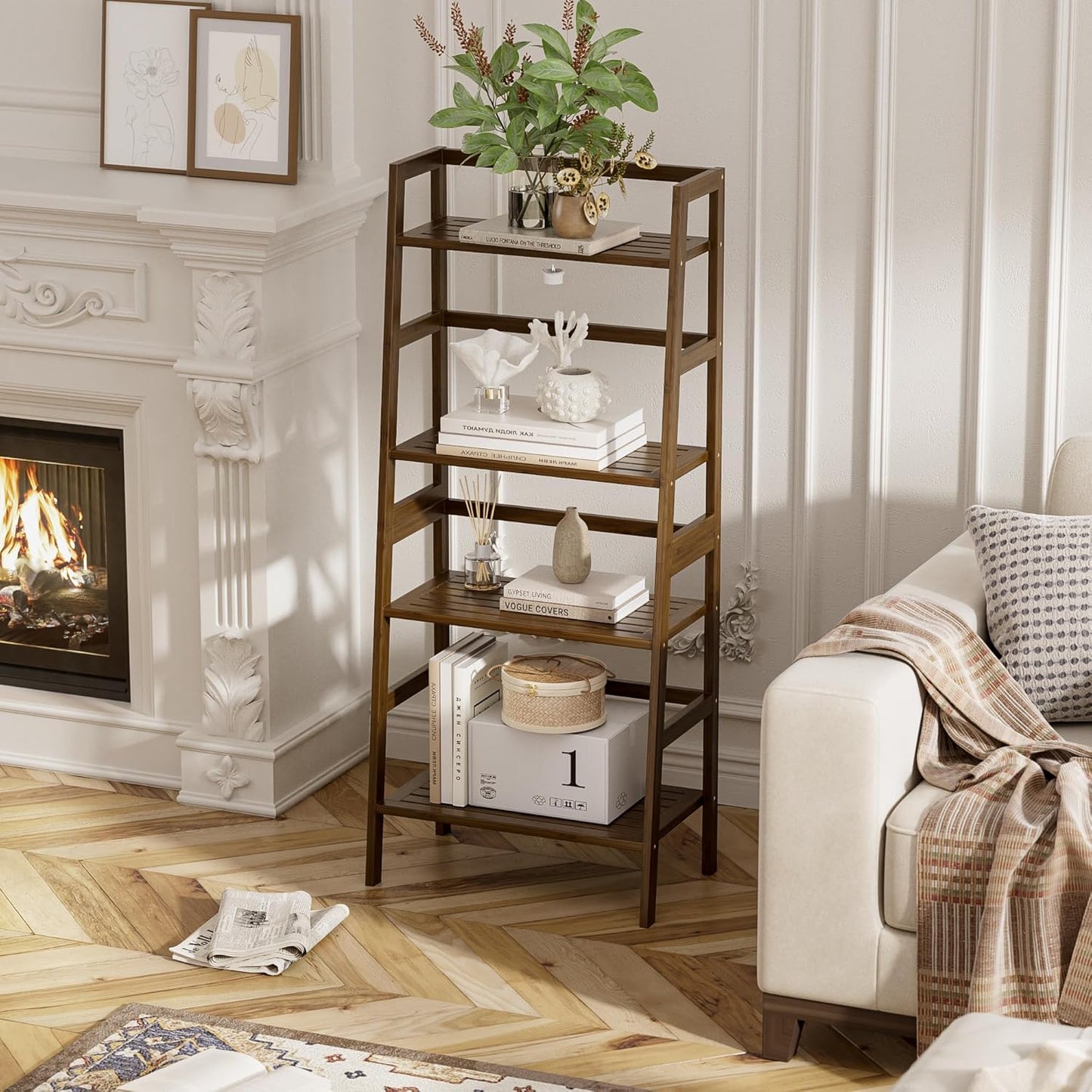 Ladder Shelf, 4-Tier Bamboo Bookshelf, Freestanding Open Display Storage Rack, Space Saving Flower Plant Display Stand for Bathroom Living Room, Walnut