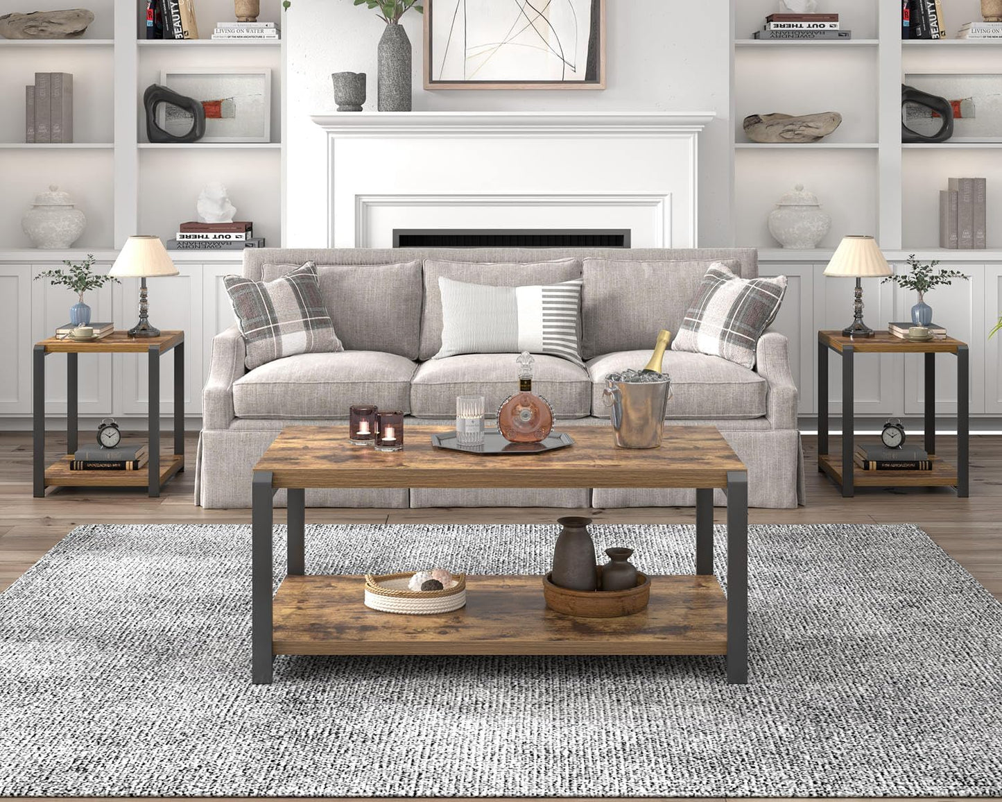 Modern Coffee Table, Industrial Wood and Metal Center Table, Cocktail Tea Tables for Living Room, Rustic Brown