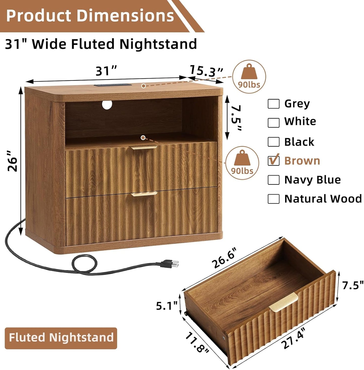 31" Wide Fluted Nightstand Set of 2 with Charging Station, Oversized Extra Large 2 Drawers Night Stand,Brown Wood Bedside Table,Tall End Tables,Modern Chest of Drawers Dressers for Bedroom