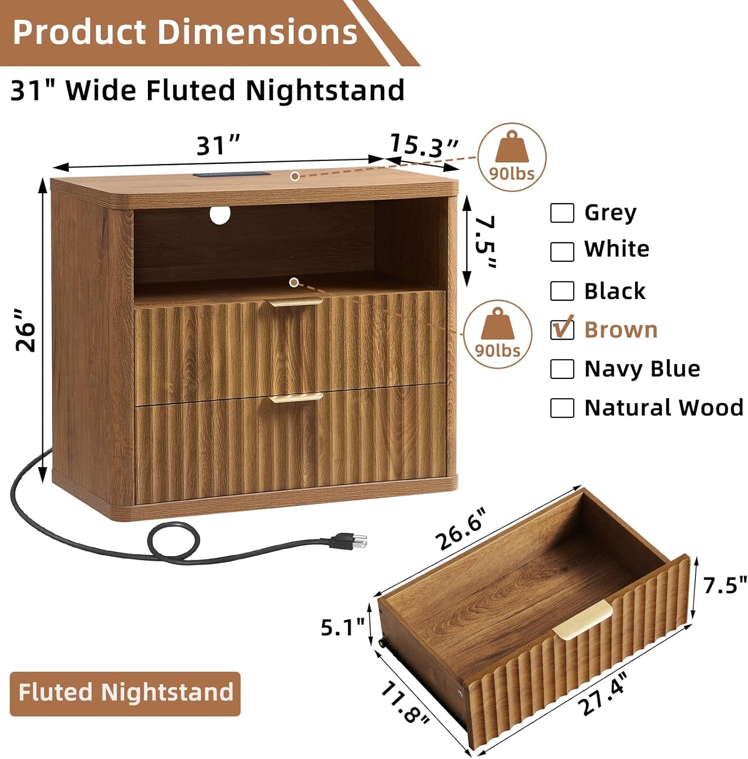 31" Wide Fluted Nightstand Set of 2 with Charging Station, Oversized Extra Large 2 Drawers Night Stand,Brown Wood Bedside Table,Tall End Tables,Modern Chest of Drawers Dressers for Bedroom