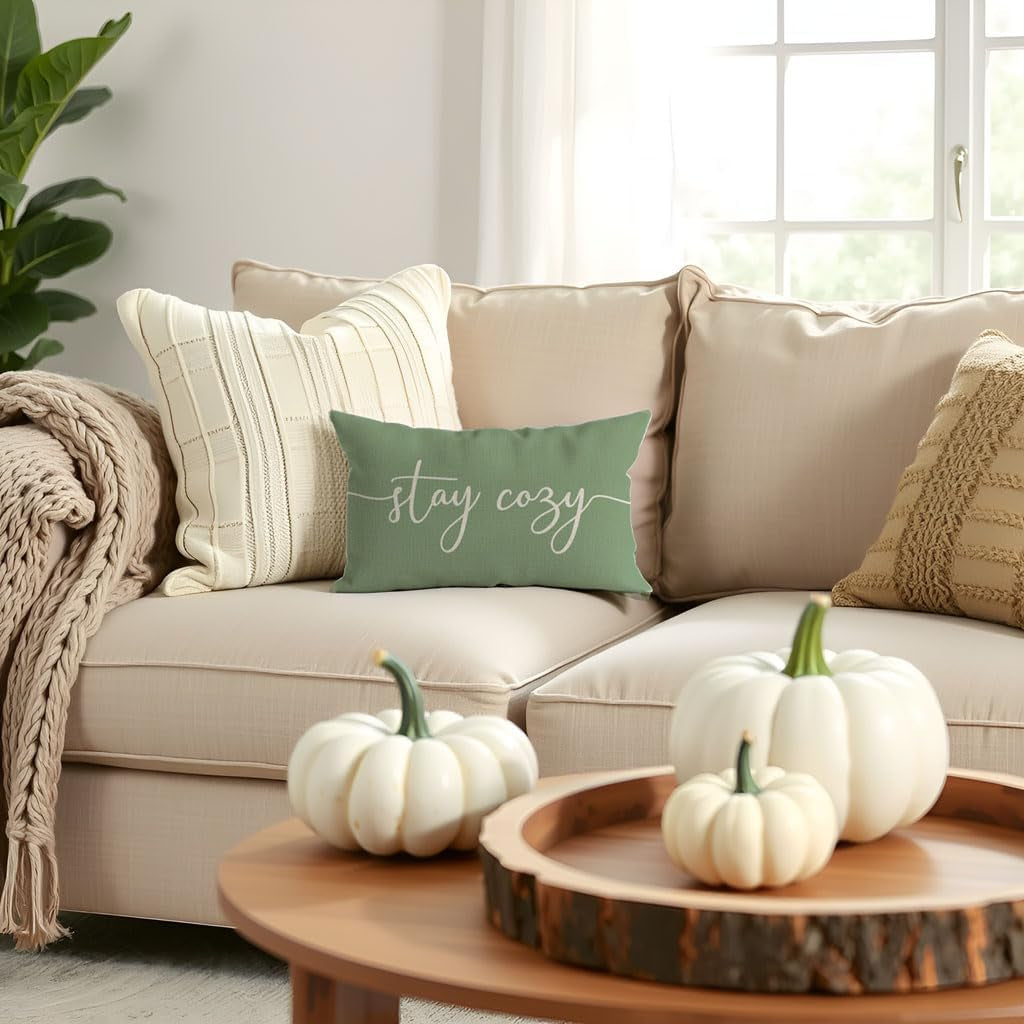 Stay Cozy Sage Green Pillow Cover 12X20 Inch, Lumbar Decorative Cushion Case for Sofa Couch or Bed, Rustic Farmhouse Home Decor for Living Room or Entryway Bench