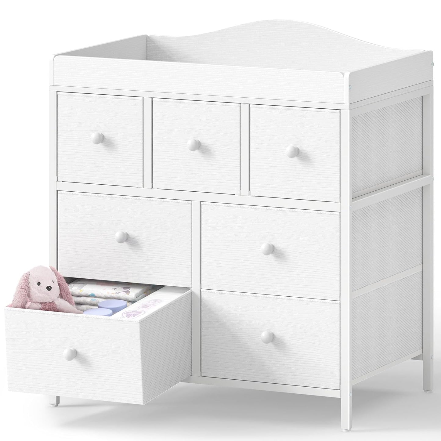 Changing Table Dresser with Storage, Baby Dresser with Changing Table Top Diaper Changing Station with 7 Fabric Drawers for Nursery Modern