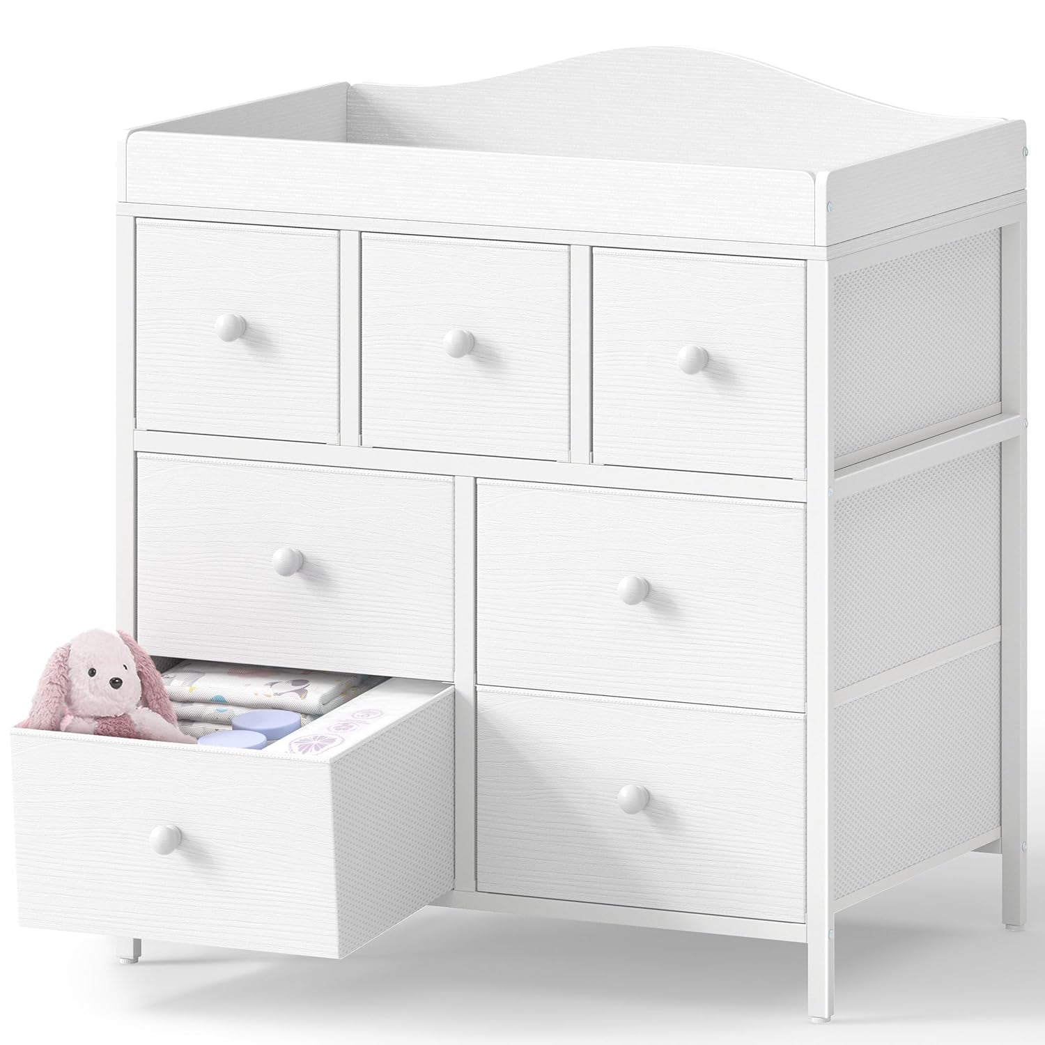 Changing Table Dresser with Storage, Baby Dresser with Changing Table Top Diaper Changing Station with 7 Fabric Drawers for Nursery Modern
