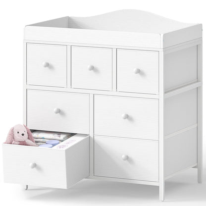 Changing Table Dresser with Storage, Baby Dresser with Changing Table Top Diaper Changing Station with 7 Fabric Drawers for Nursery Modern