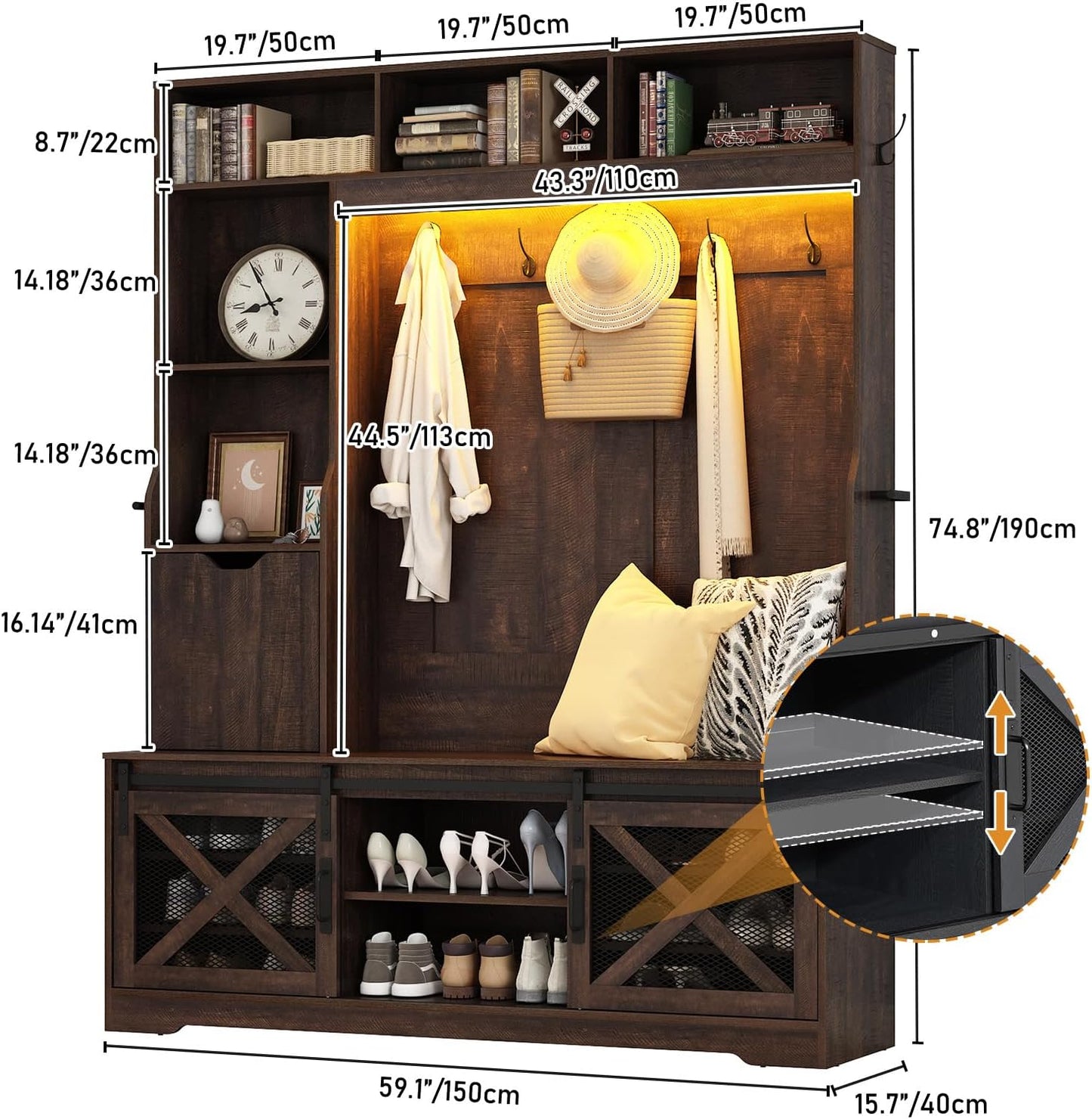 75''H LED Farmhouse Hall Tree with Bench and Shoe Storage,Entryway Bench with Coat Rack,16 Shoe Cubbies & Umbrella Holder and Sock Storage Drawer,Mudroom/Hallway Storages Cabinet(Brown)