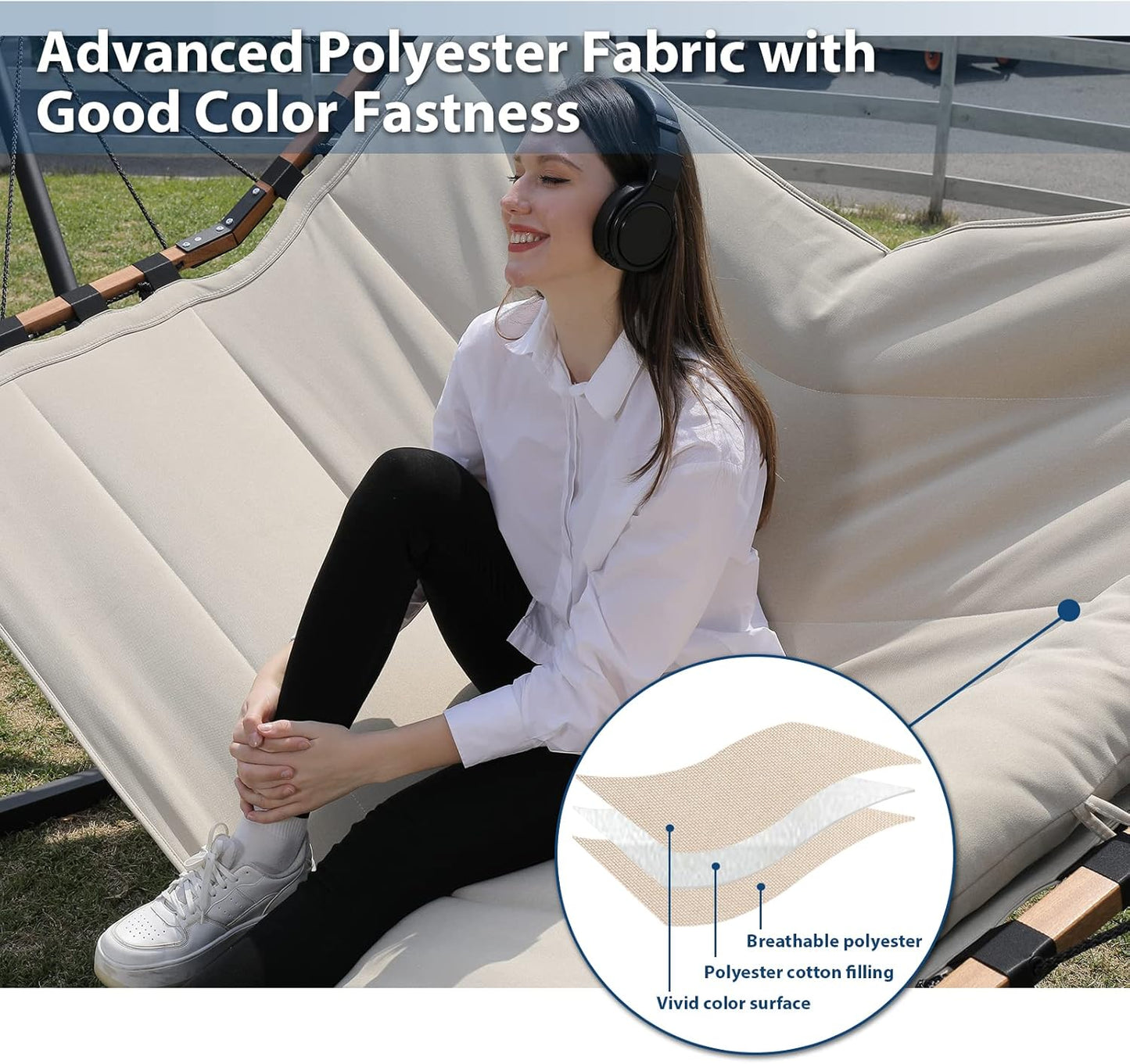 12FT 2 Person Hammock with V Shaped Hardwood Spreader Bar & Nylon Rope for Outside, Patio, Garden, Backyard, Beach, Poolside, 450LB Capacity, 55In X 79In - Beige
