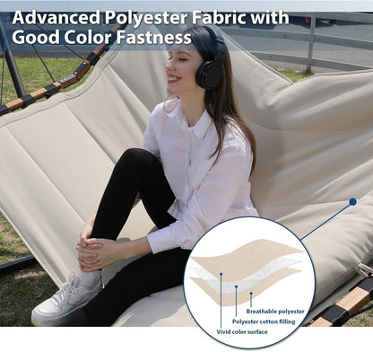 12FT 2 Person Hammock with V Shaped Hardwood Spreader Bar & Nylon Rope for Outside, Patio, Garden, Backyard, Beach, Poolside, 450LB Capacity, 55In X 79In - Beige