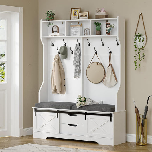 Hall Tree with Bench and Shoe Storage, Entryway Bench with Coat Rack, Modern Farm House Barn Door 3-In-1 Hall Tree with Storage Cushioned Stool and Hooks for Hallway, Living Room (60IN)