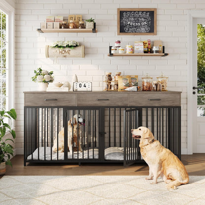 Double Dog Crates Furniture, 71" Wide Indoor Dog Kennel with 3 Drawers, Farmhouse Dog Cage for 2 Large/Medium Dogs, Heavy Duty Dog Crate with Removable Divider, Wooden Pet House, Ash Grey