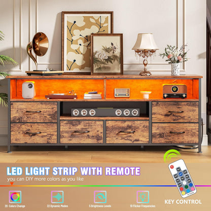 TV Stand for Bedroom, 63 Inch Entertainment Center for 65 70 Inch Tvs, 6 Drawers Dresser with Power Outlets and LED Lights, Media Console for Living Room, Rustic Brown