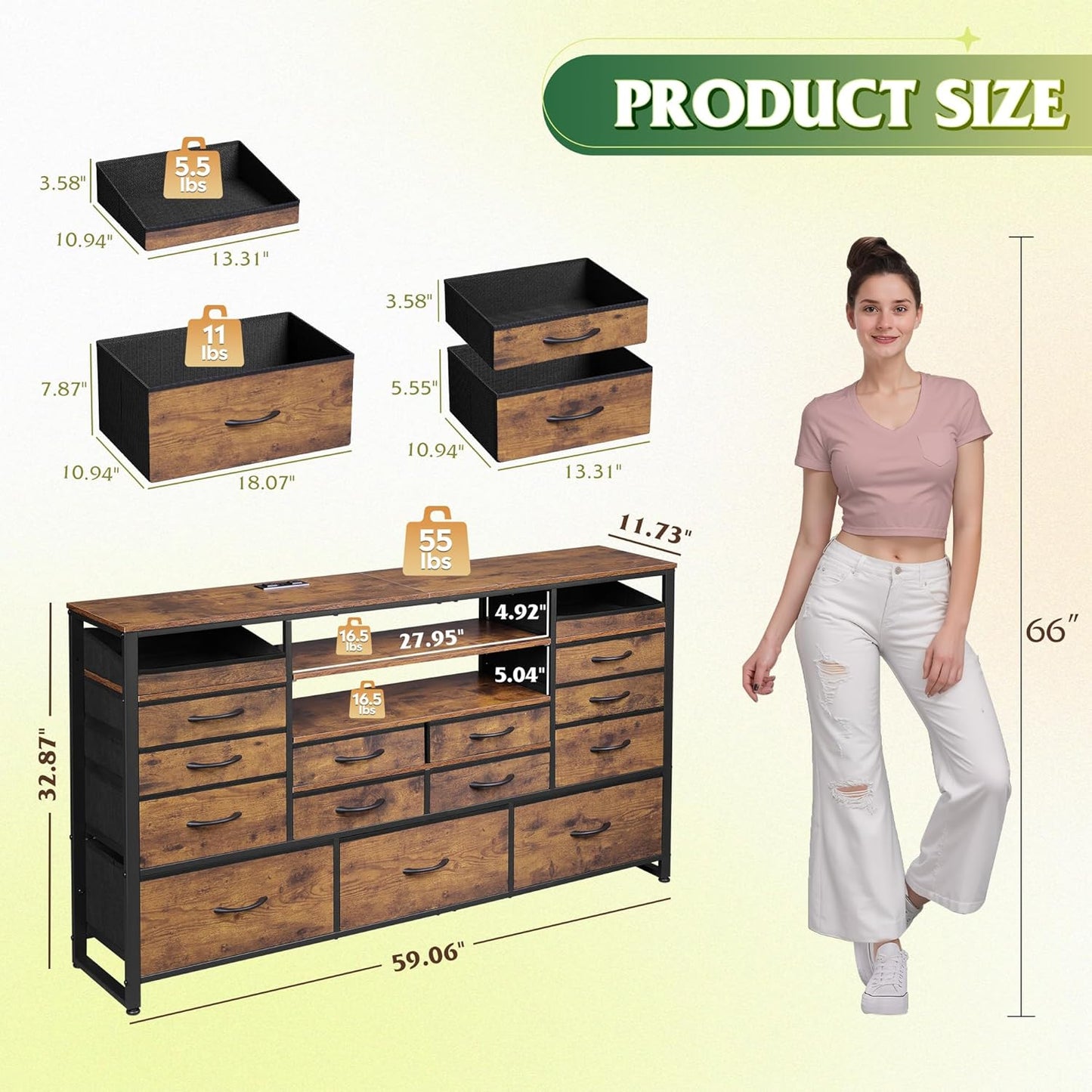 TV Stand for 55, 60, 65 Inch TV, Entertainment Center with LED Lights & Charging Station, TV Media Console Table with 15 Fabric Drawers and Open Shelves for Living Room, Hallway, Rustic Brown