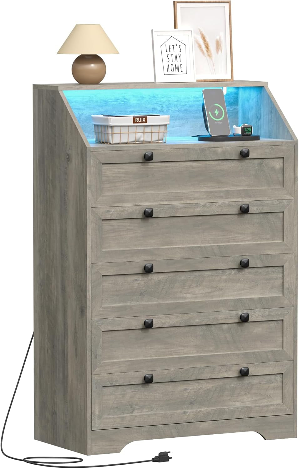 Grey Dresser Tall 5 Drawer Dresser for Bedroom, Wood Chest of Drawers with LED Lights, Charging Station, Metal Handles, Modern Storage Cabinet and Organizer Drawers for Living Room, Hallway