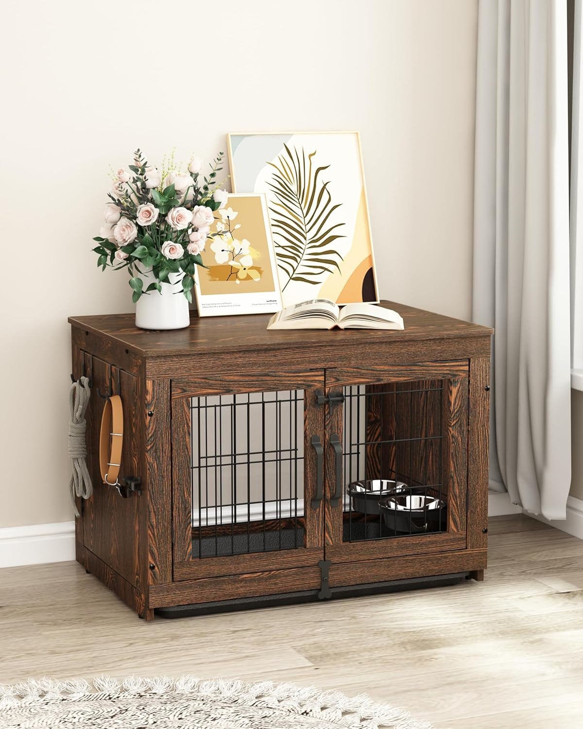Wooden Dog Crate Furniture with 360°Rotatable Removable Dog Bowls, Dog Crate End Table with Tray, Double Doors Dog Kennels for Dogs(M:31.8" L*22.1" W*24.1" H, Rustic Style)