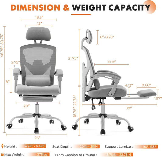 Office Computer Desk Chair with Footrest,Ergonomic High-Back Mesh Rolling Work Swivel Chairs with Wheels,Comfortable Lumbar Support,Comfy Arms for Home,Bedroom,Study,Student,Light Grey