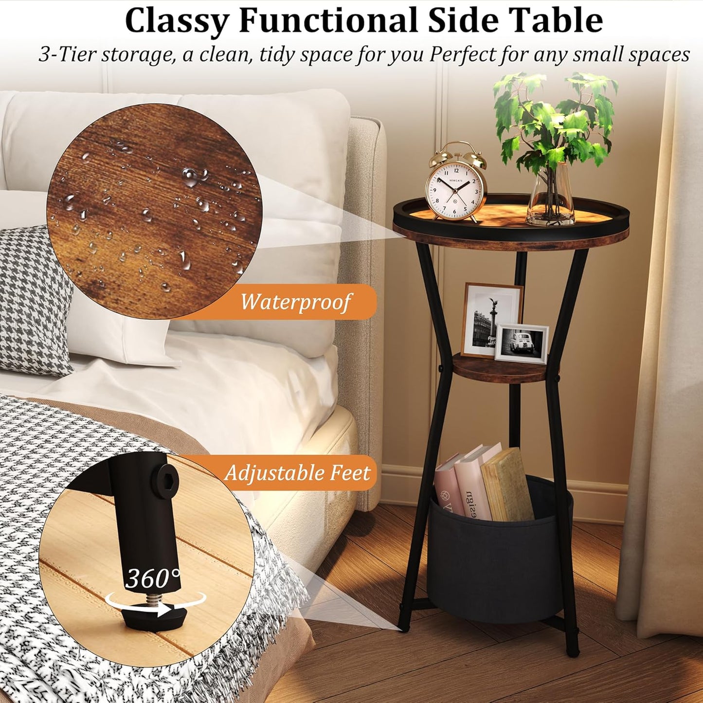 round Side Table, Small Drink Table for Small Spaces, 3-Tier Industrial End Table, Accent Nightstand Bedside Table for Living Room, Bedroom, Sofa Couch, Rustic Brown