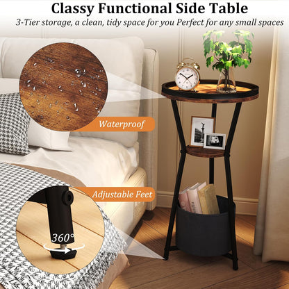 round Side Table, Small Drink Table for Small Spaces, 3-Tier Industrial End Table, Accent Nightstand Bedside Table for Living Room, Bedroom, Sofa Couch, Rustic Brown
